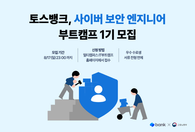 토스뱅크, 사이버보안 엔지니어 부트캠프 1기 모집. 모집기간 8월 17일 23시까지. 신청방법 멀티캠퍼스 IT부트캠프 홈페이지에서 접수. 우수수료생 서류 전형 면제. 토스뱅크, 고용노동부.
